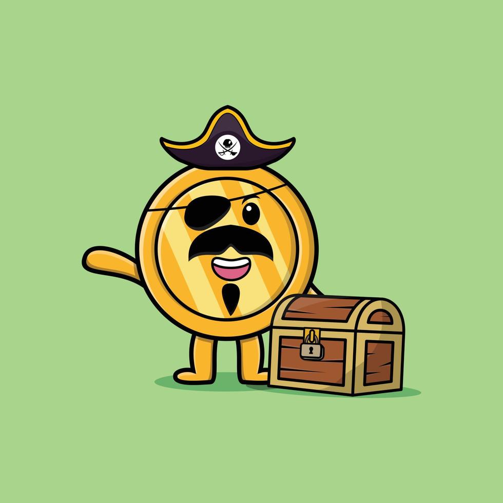 Cute cartoon Gold coin pirate with treasure box vector