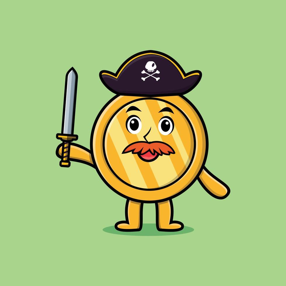 Cute cartoon gold coin pirate with hat and sword vector