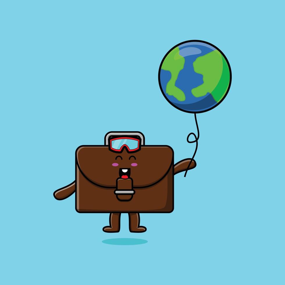 maleta de dibujos animados lindo flotando con globo del mundo vector