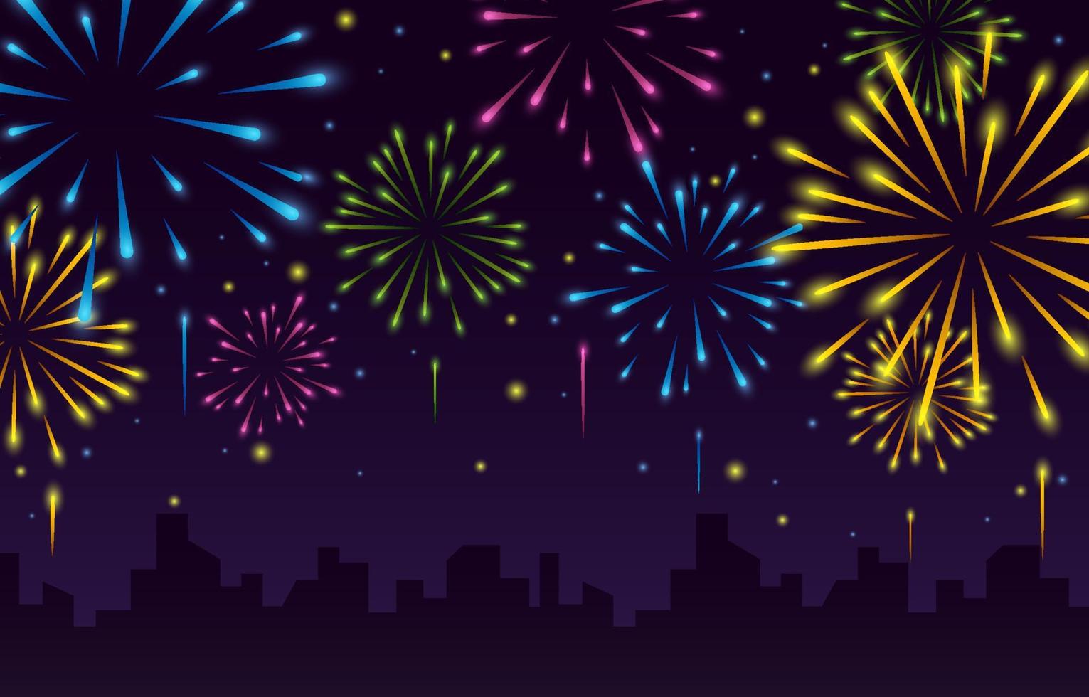 Colorful Fireworks Background with City vector