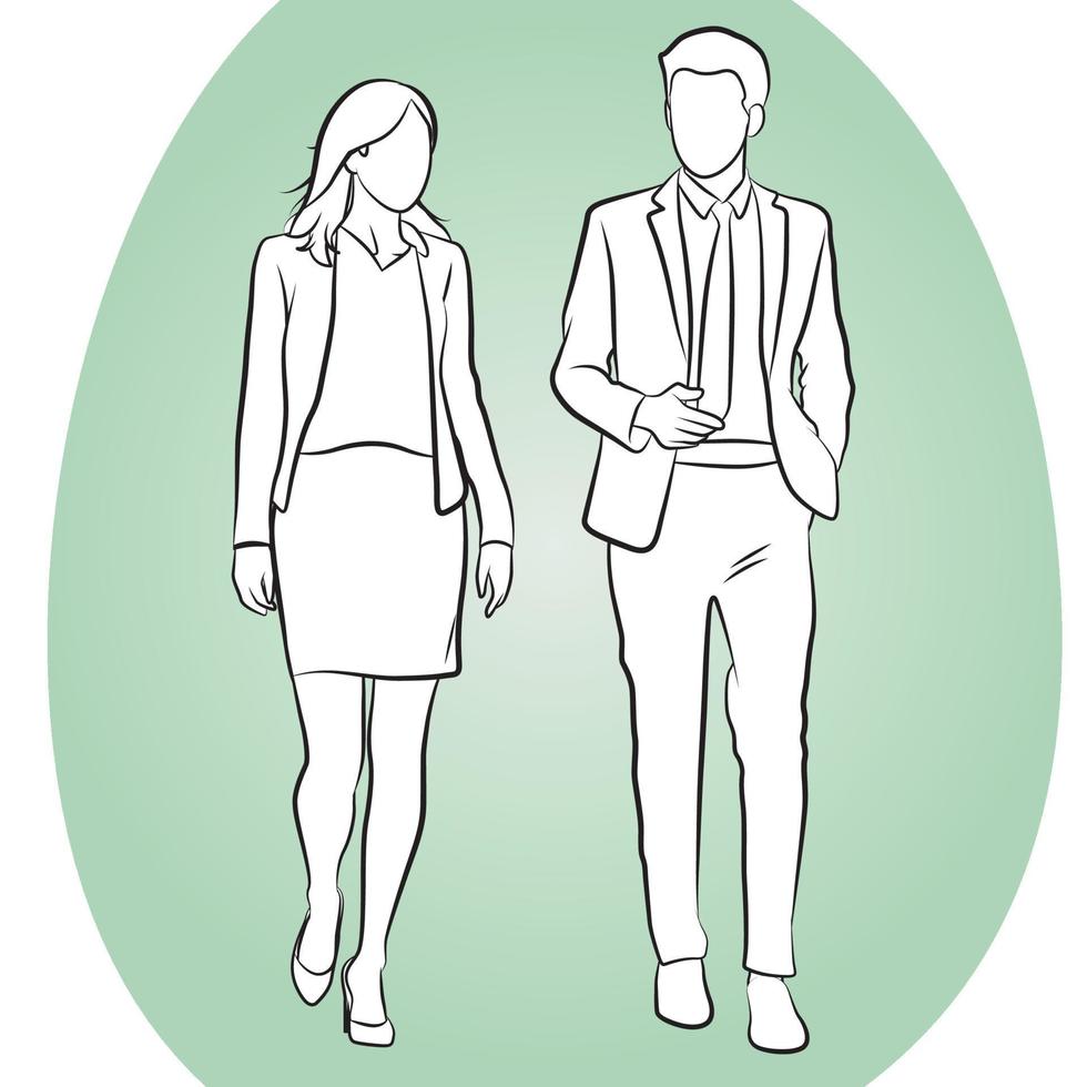 Businessman and Businesswoman Walking and Discussing. vector