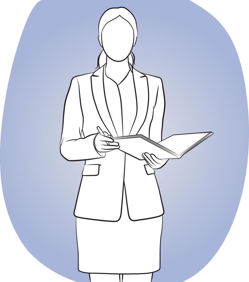 Businesswoman standing with ducuments on her hands. vector