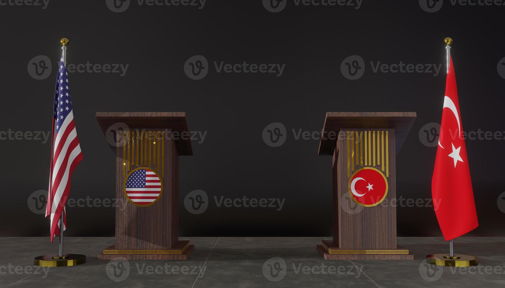 USA and turkey flags. USA and turkey flag. USA and turkey negotiations. Rostrum for speeches. 3D work and 3D image photo