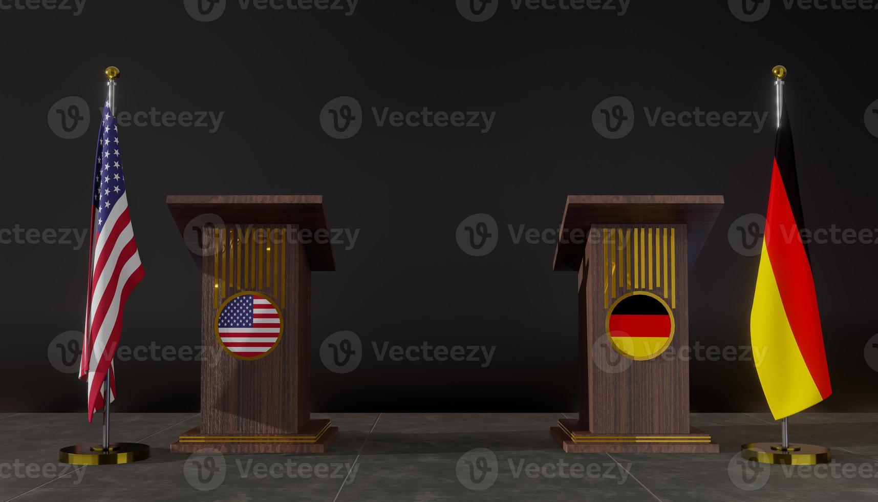 USA and Germany flags. USA and Germany flag. USA and Germany negotiations. Rostrum for speeches. 3D work and 3D image photo