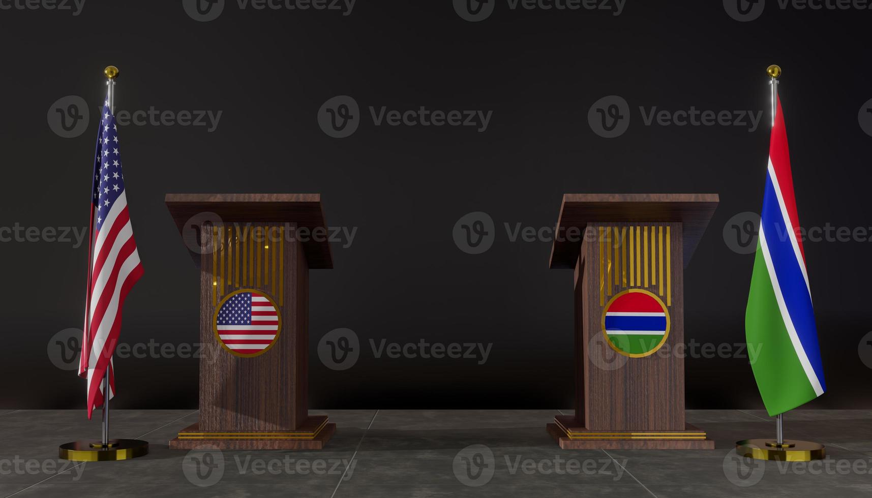 USA and Gambia flags. USA and Gambia flag. USA and Gambia negotiations. Rostrum for speeches. 3D work and 3D image photo