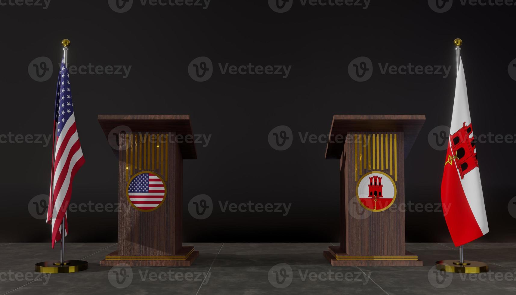 USA and Gibraltar flags. USA and Gibraltar flag. USA and Gibraltar negotiations. Rostrum for speeches. 3D work and 3D image photo