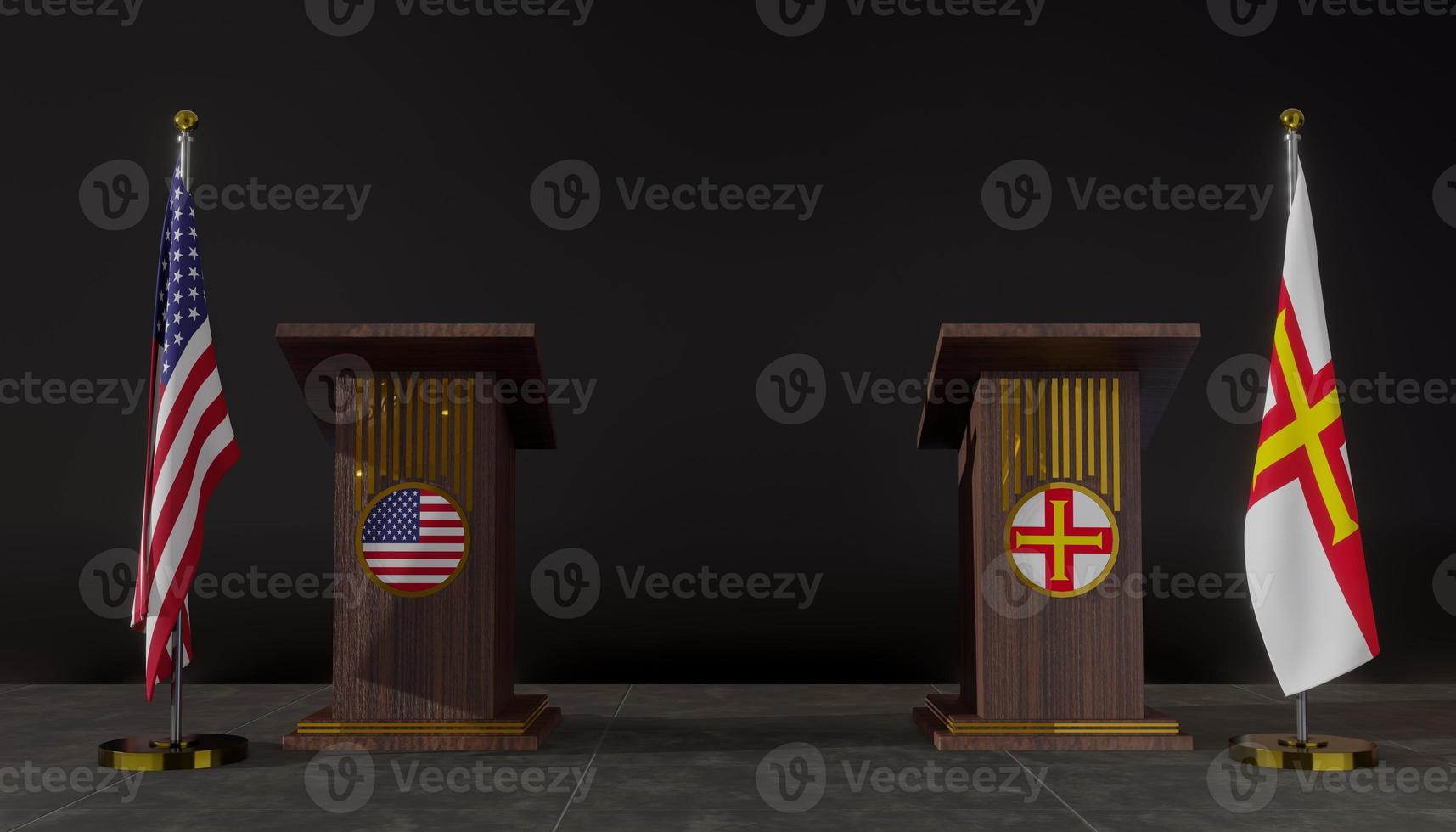 USA and Guernsey flags. USA and Guernsey flag. USA and Guernsey negotiations. Rostrum for speeches. 3D work and 3D image photo