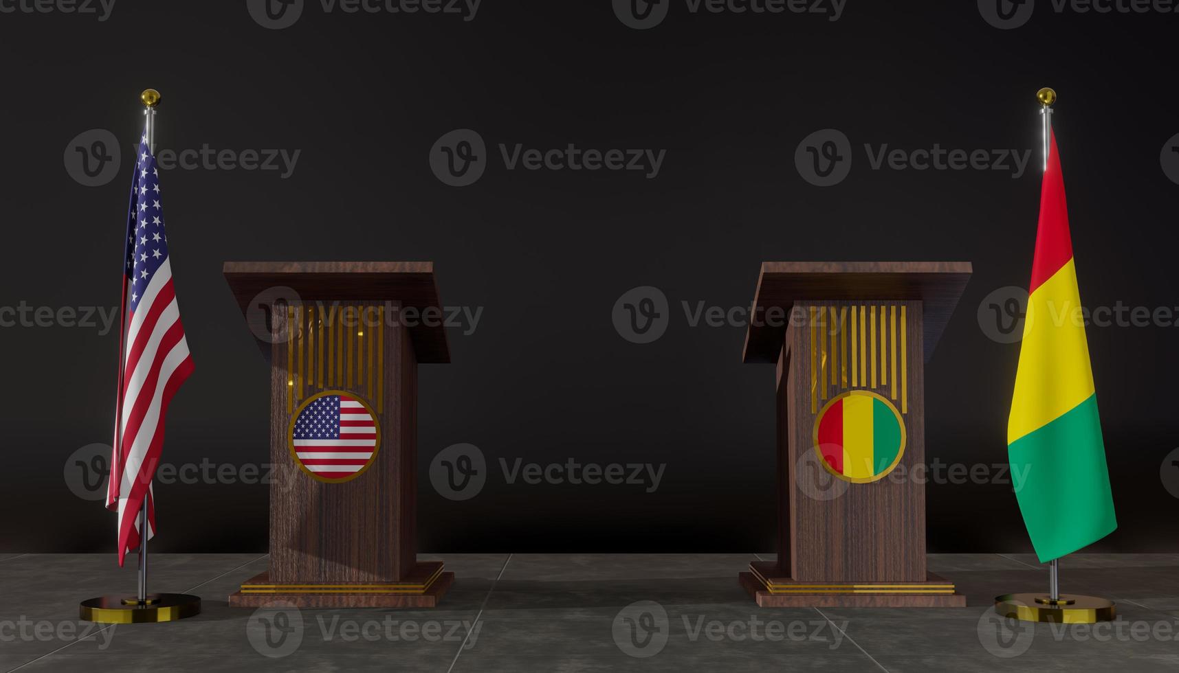 USA and Guinea flags. USA and Guinea flag. USA and Guinea negotiations. Rostrum for speeches. 3D work and 3D image photo