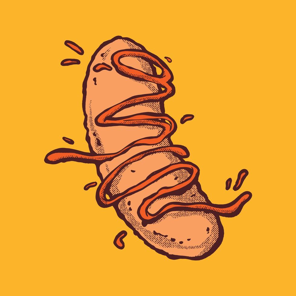 ilustración de hot dog con salsa salpicada. tecnica dibujada a mano vector