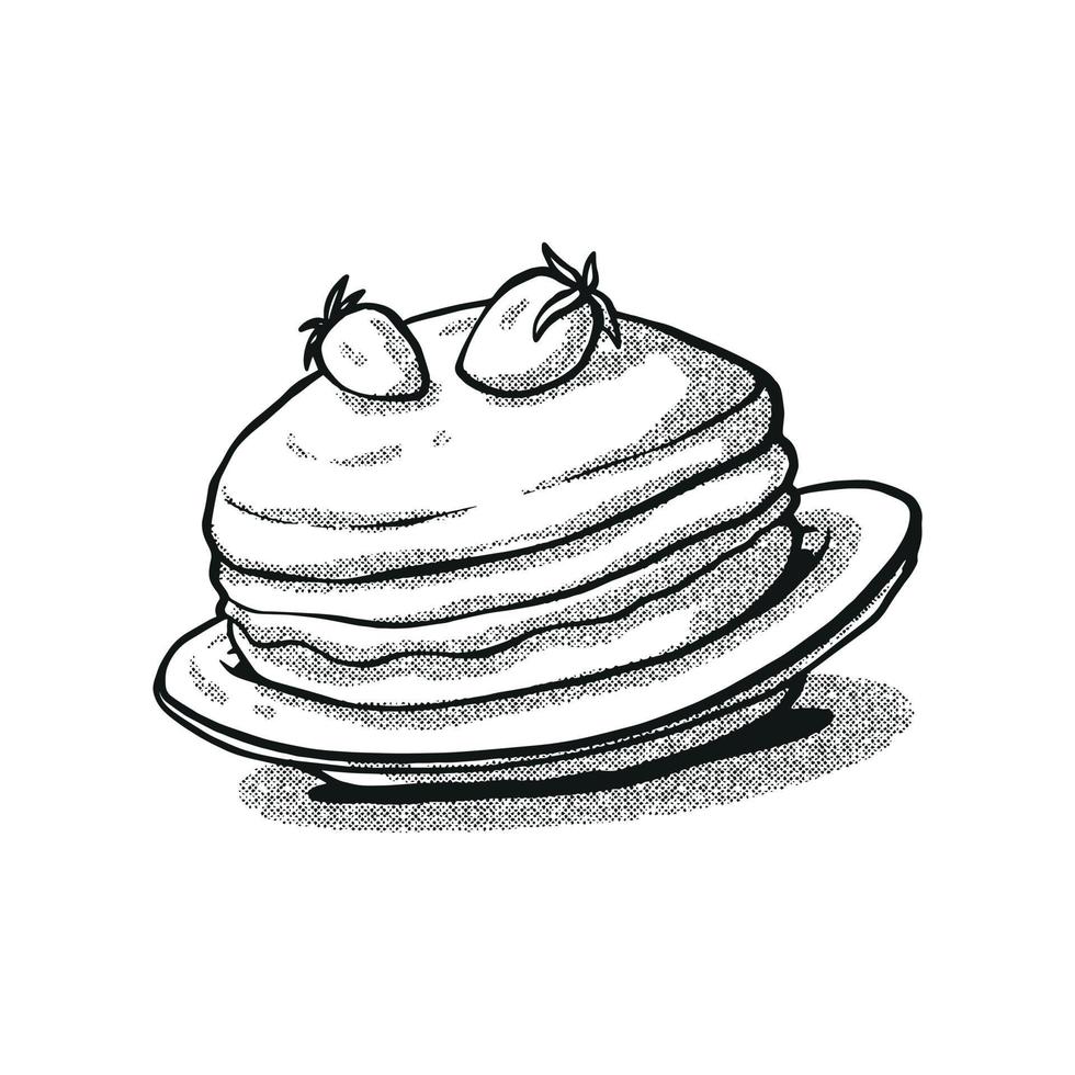 Strawberry pancake sketch. hand drawn technique. line art drawing vector