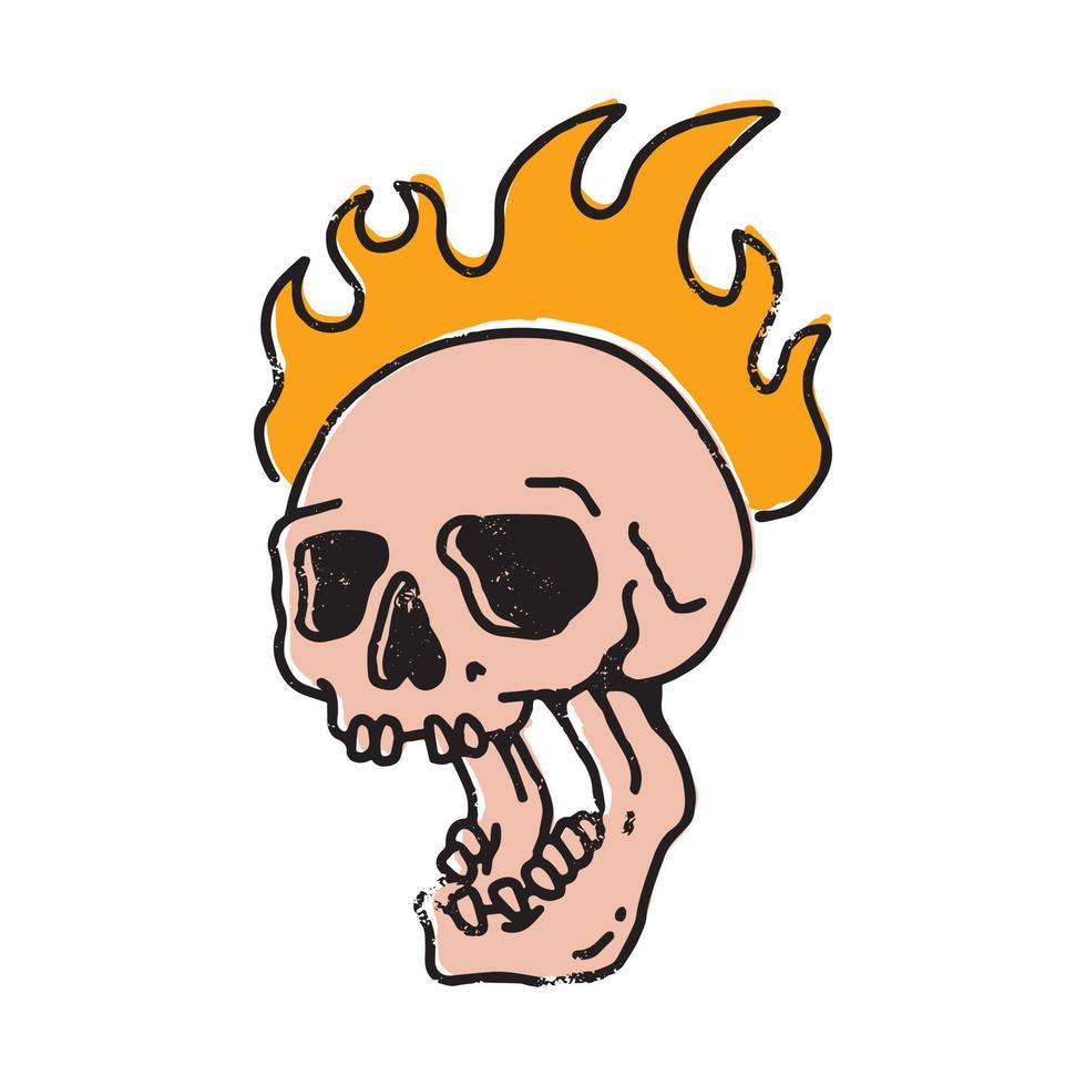 flames skull illustrations color. hand drawn line art technique vector