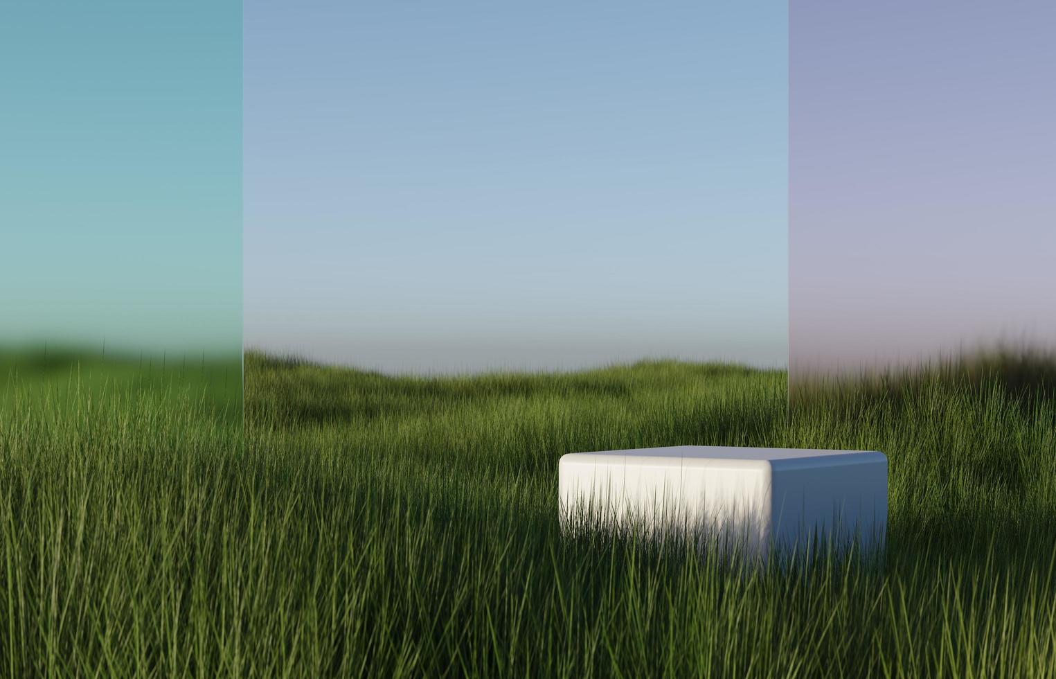 Podium on natural grass or weed field 3D render illustration photo