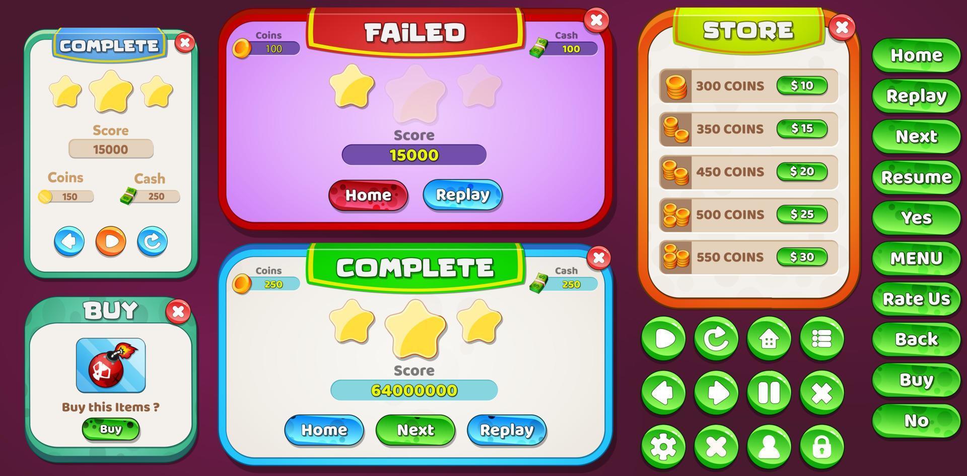 Game Ui Kit with Menus, pop up, screens and Game elements vector