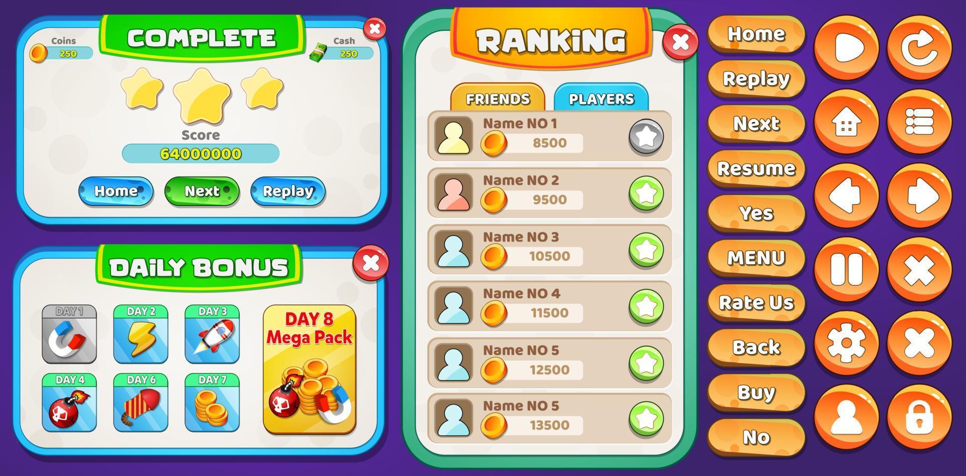 Game Ui Kit with Menus, pop up, screens and Game elements vector