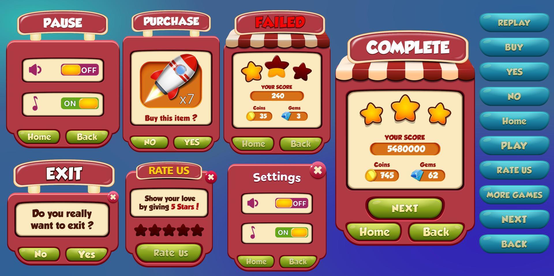 Game Ui Kit with Menus, pop up, screens and Game elements vector