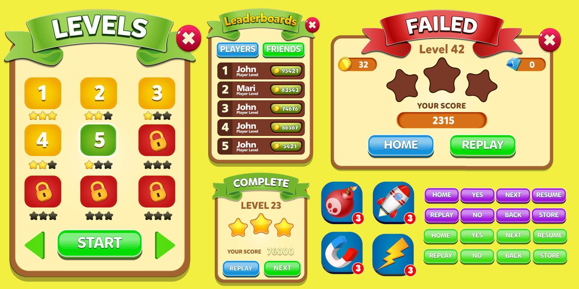 Game Ui Kit with Menus, pop up, screens and Game elements vector