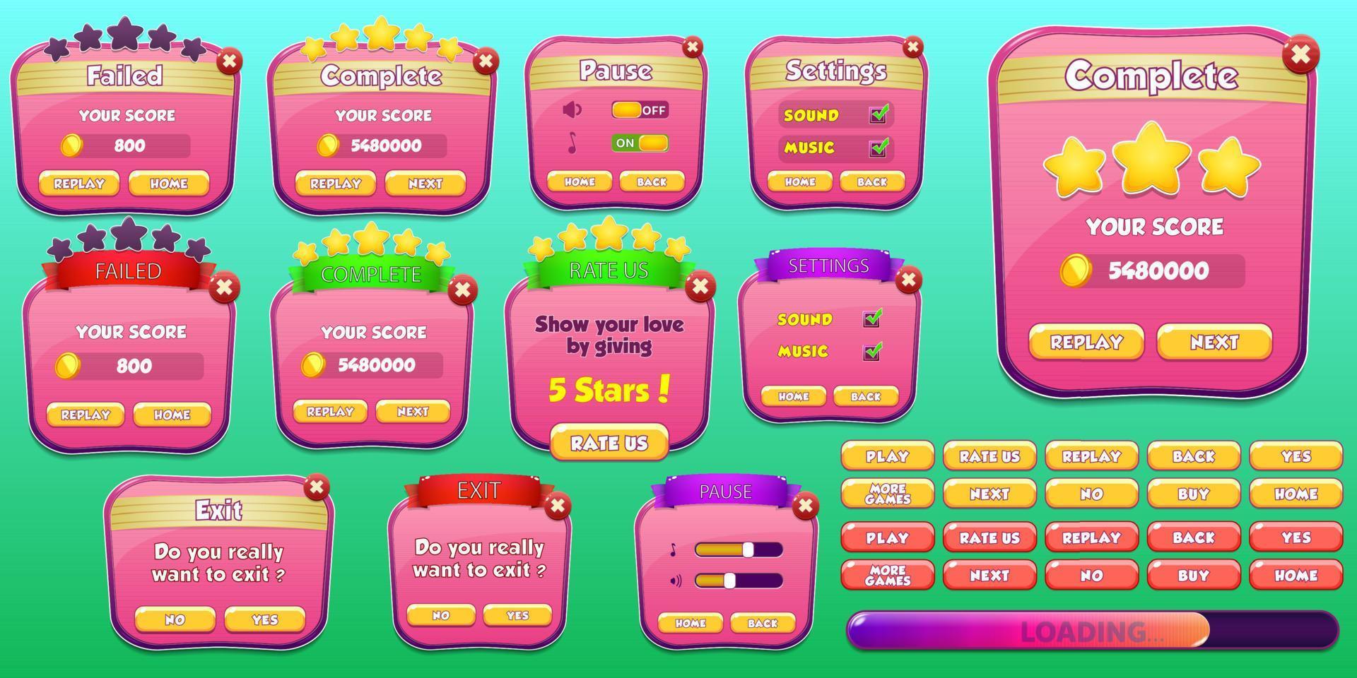 kit de interfaz de usuario del juego con menús, ventanas emergentes, pantallas y elementos del juego vector