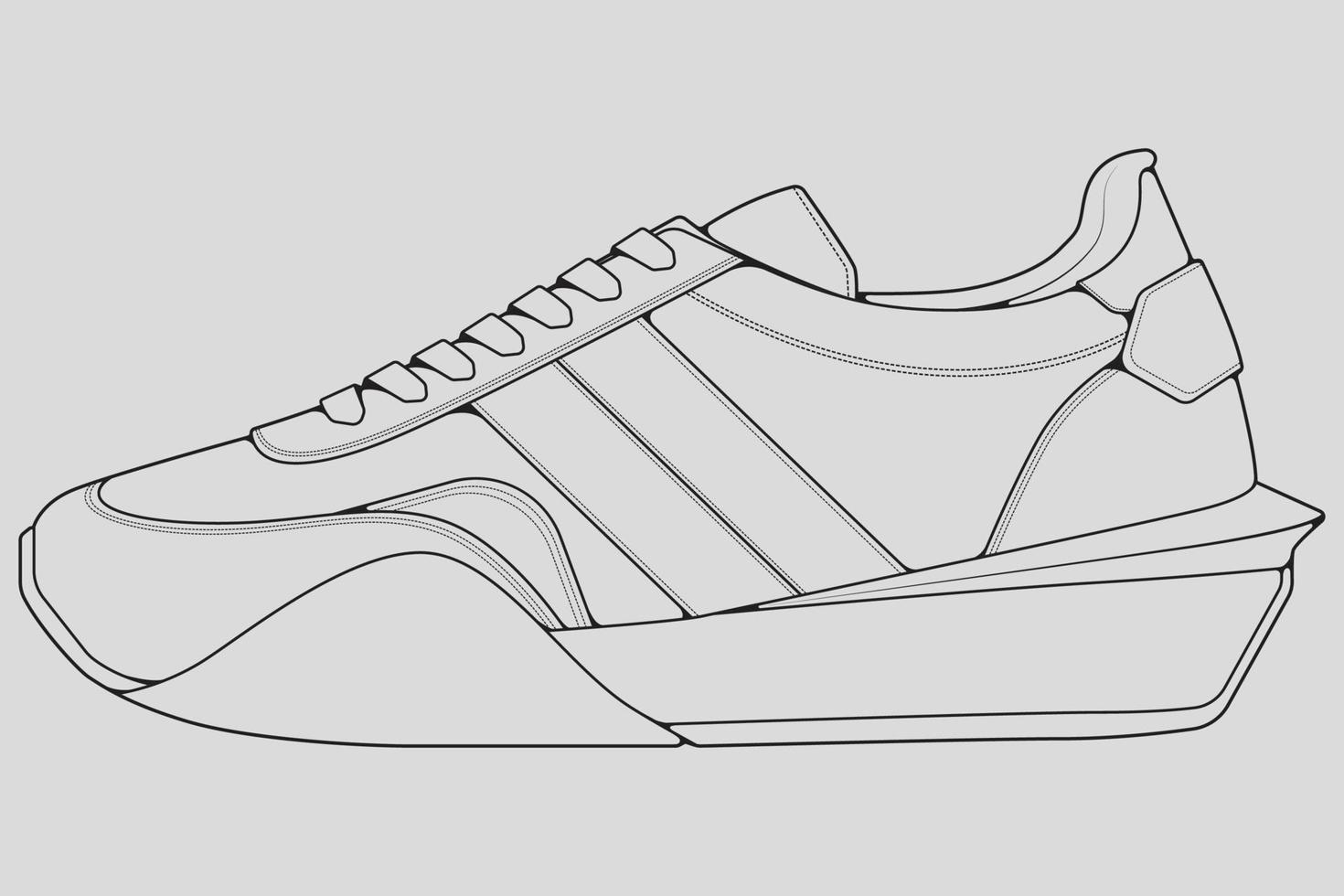 Shoes sneaker outline drawing vector, Sneakers drawn in a sketch style, black line sneaker trainers template outline, vector Illustration.