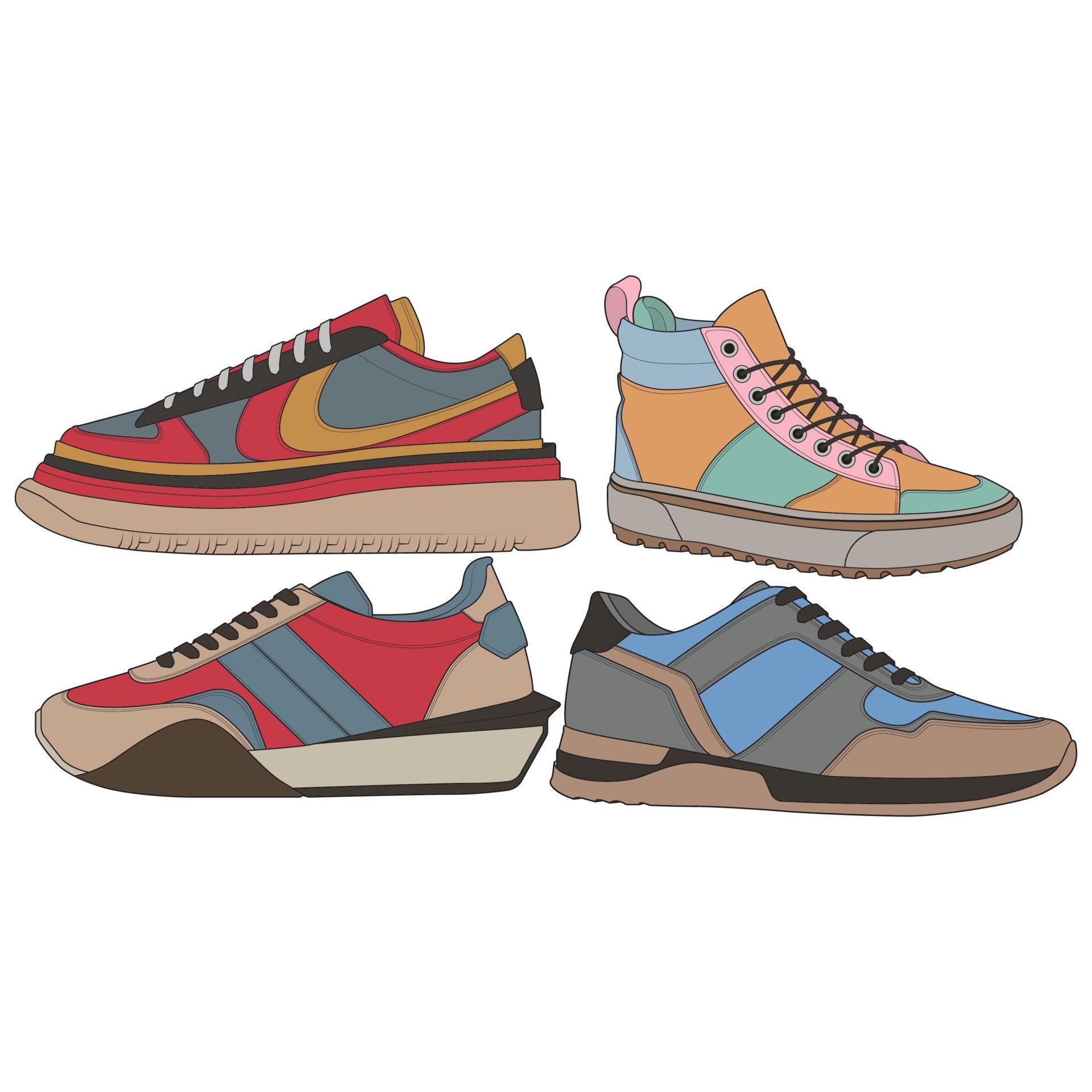 set of Cool Sneakers. Shoes sneaker drawing vector, Sneakers drawn in a