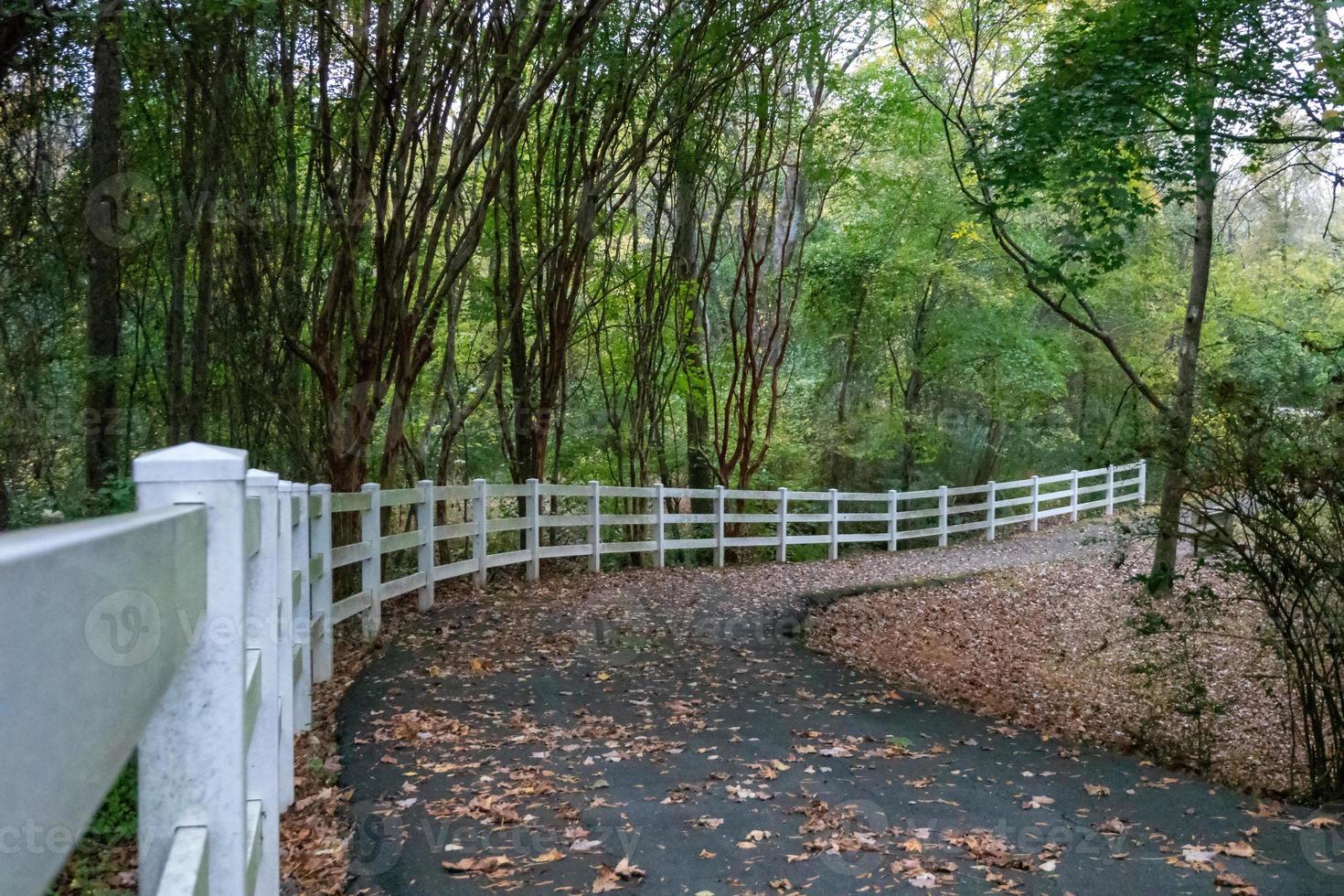 Beautiful colorful autumn scene with white fence and fall colors photo