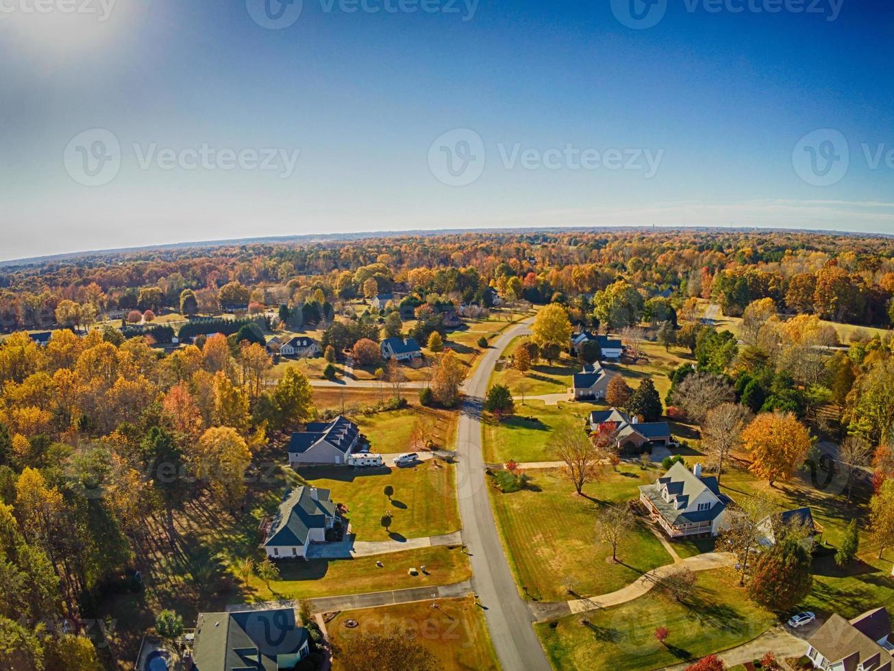 aerial view of colorful trees in a neighborhood before sunset photo