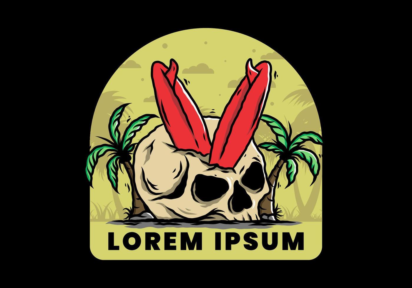 Surfing board stuck in human skull illustration vector
