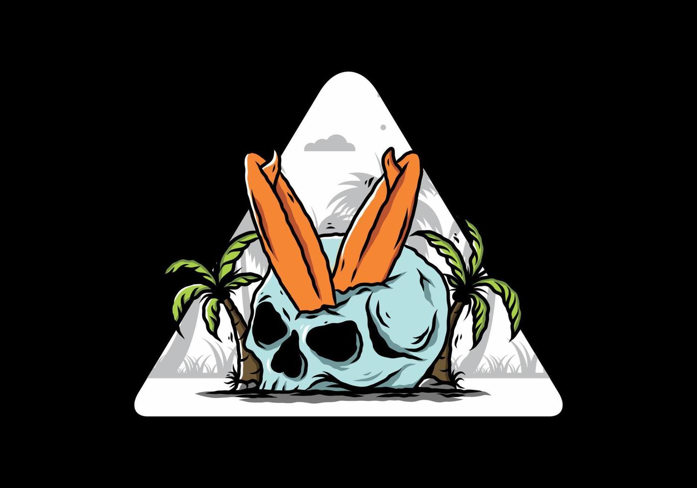 Surfing board stuck in human skull illustration vector
