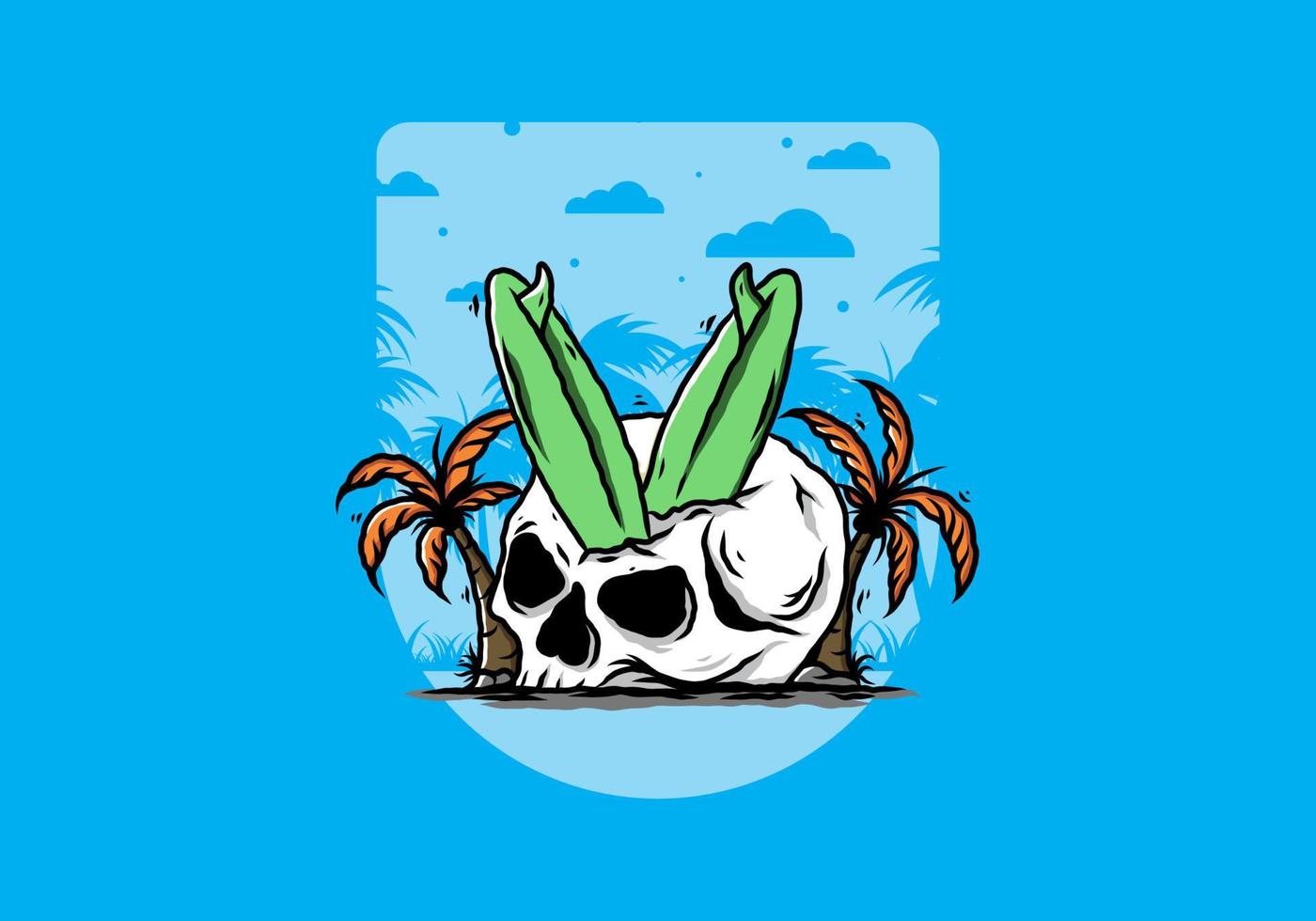 Surfing board stuck in human skull illustration vector