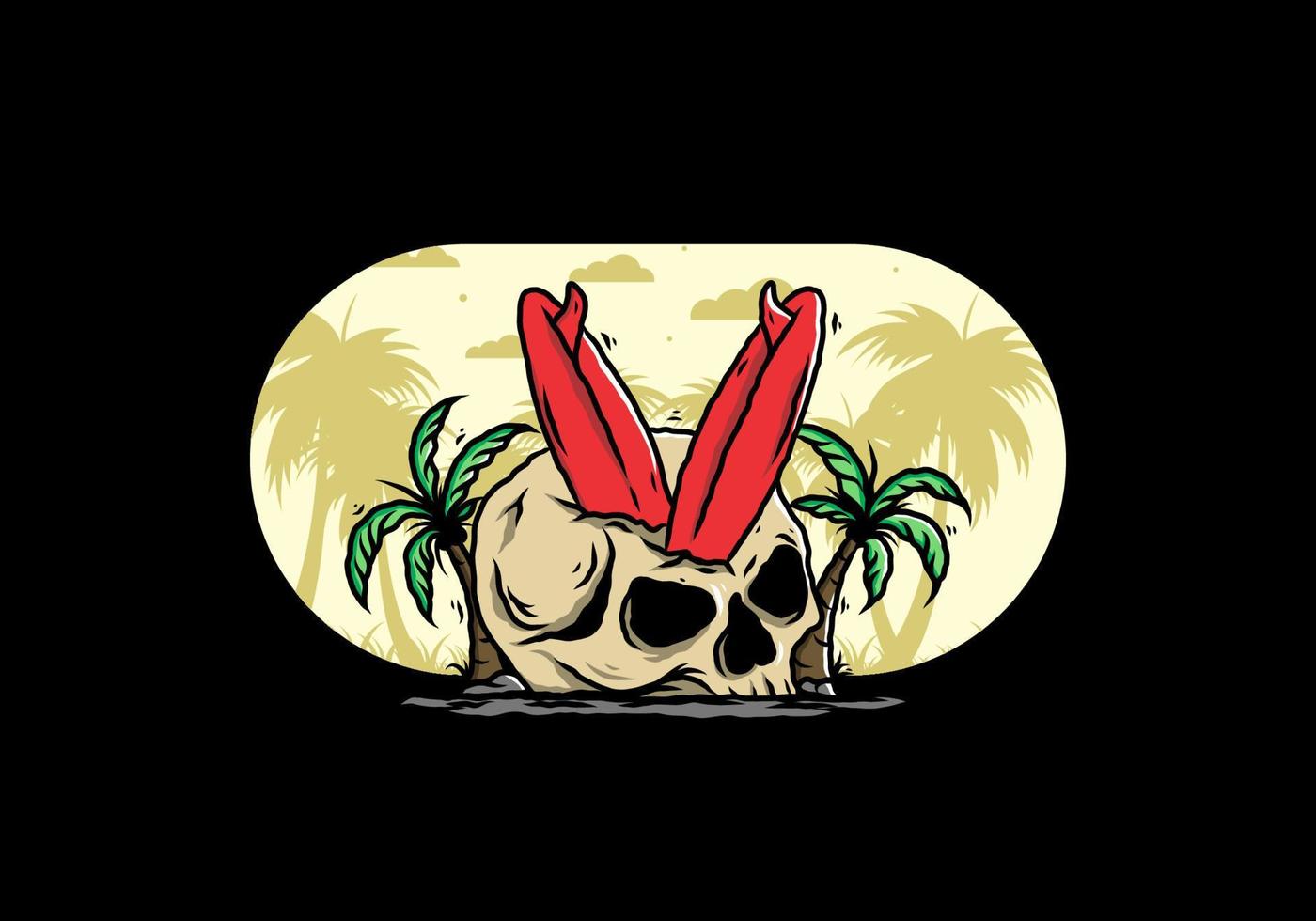Surfing board stuck in human skull illustration vector