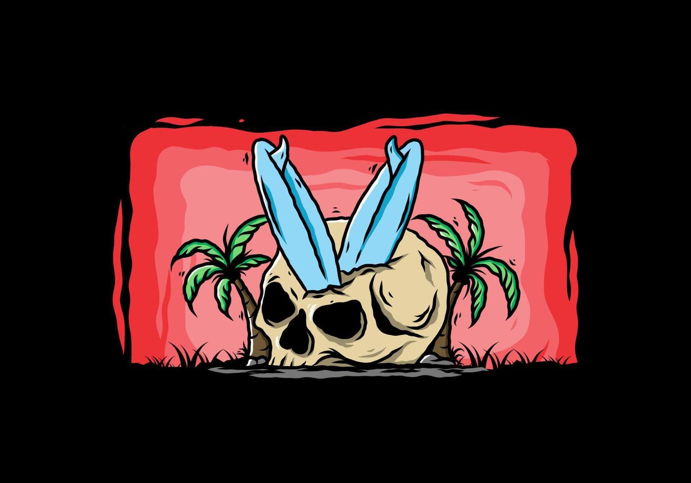 Surfing board stuck in human skull illustration vector