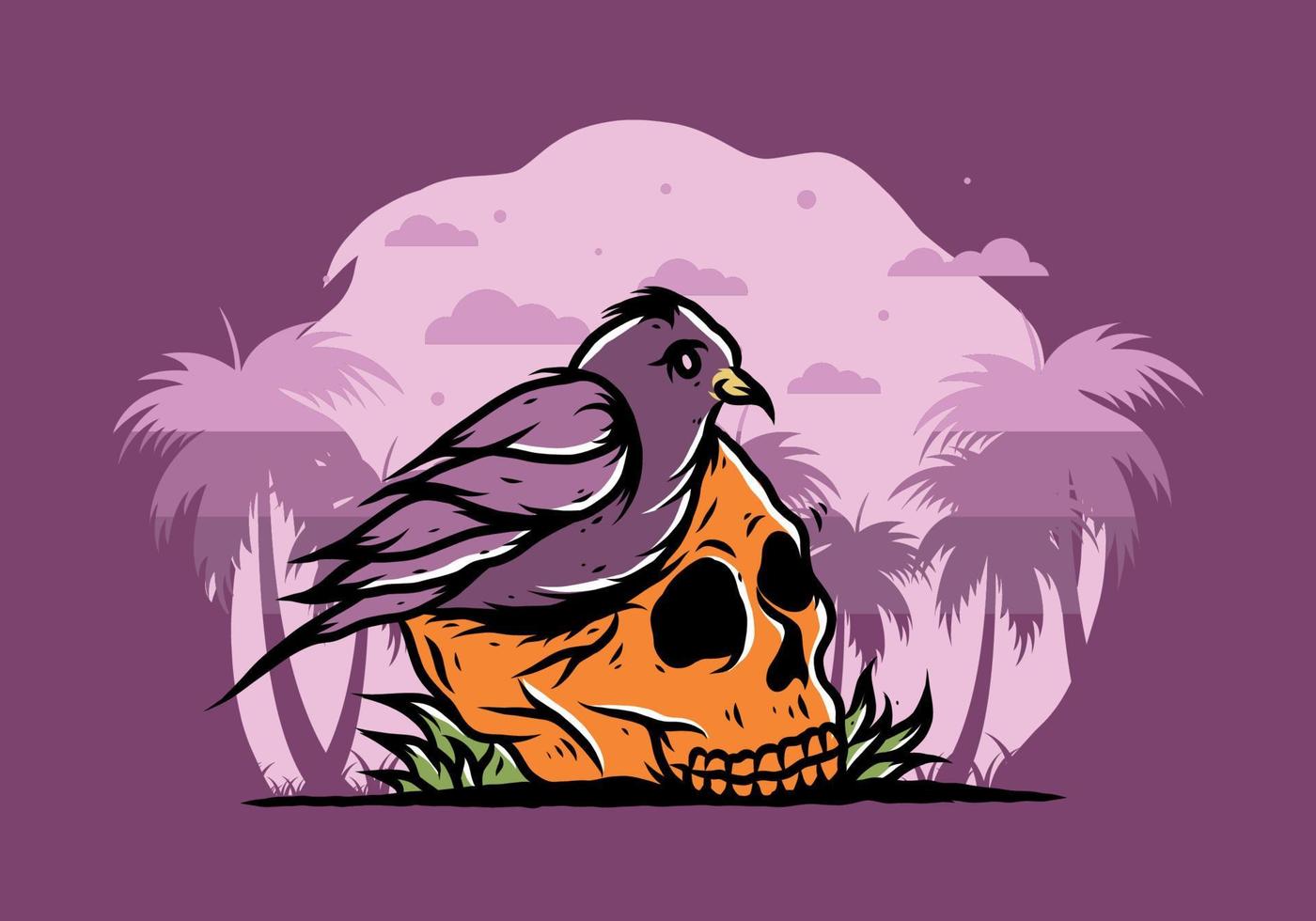 Bird nesting in skull illustration vector