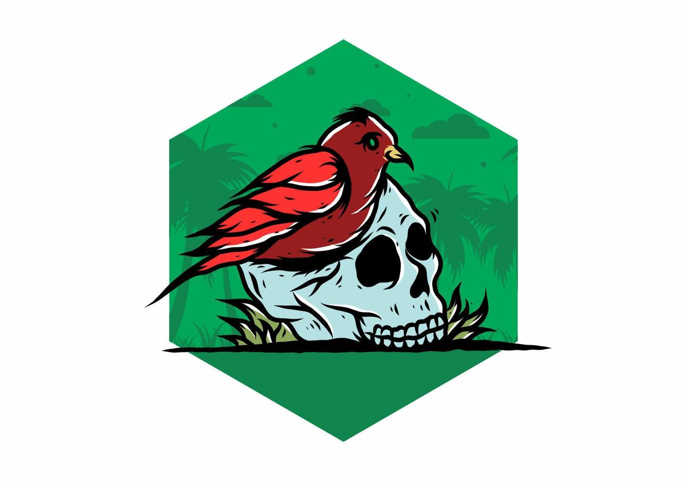 Bird nesting in skull illustration vector