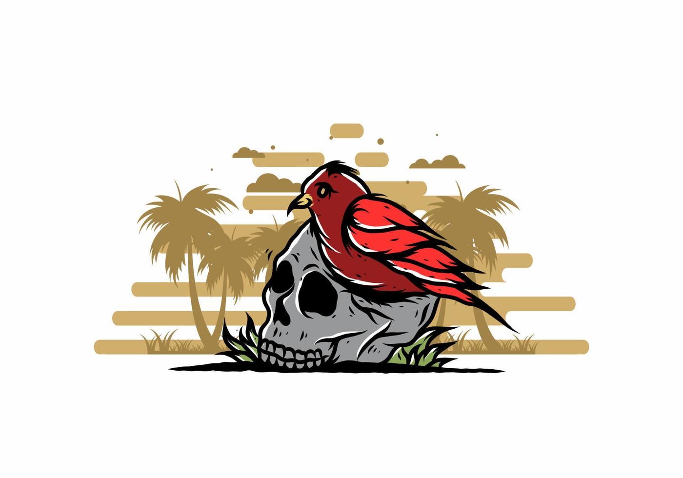 Bird nesting in skull illustration vector