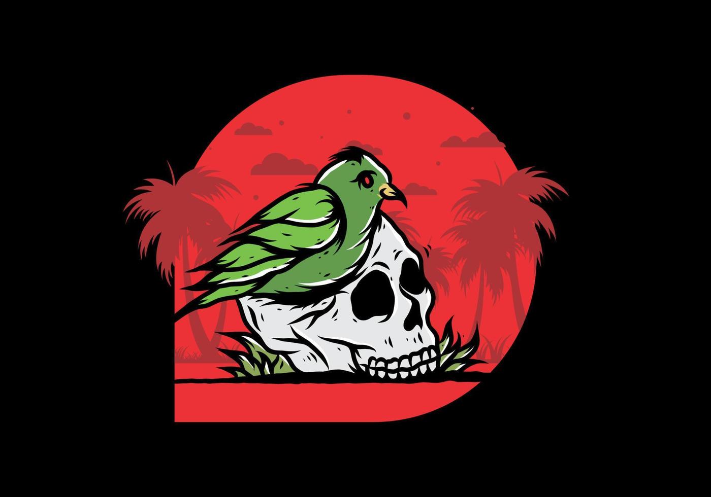 Bird nesting in skull illustration vector