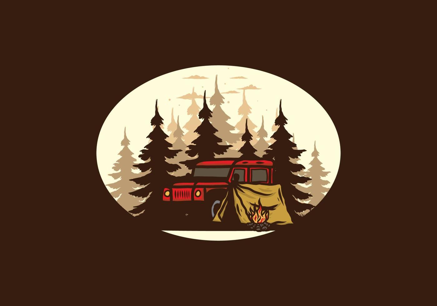 Camping beside the car in the forest illustration vector