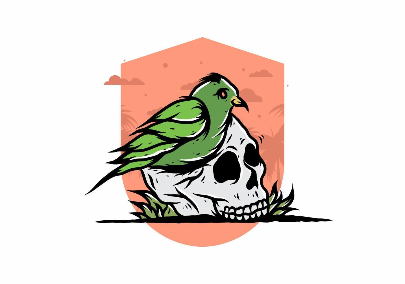 Bird nesting in skull illustration vector