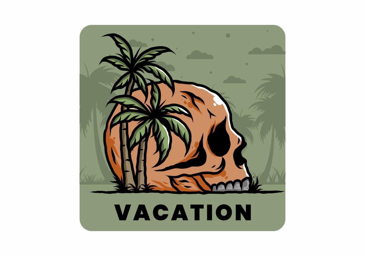 Skull head under coconut trees illustration vector