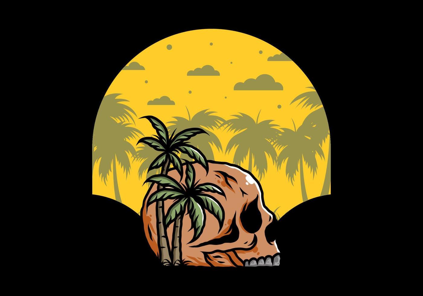 Skull head under coconut trees illustration vector