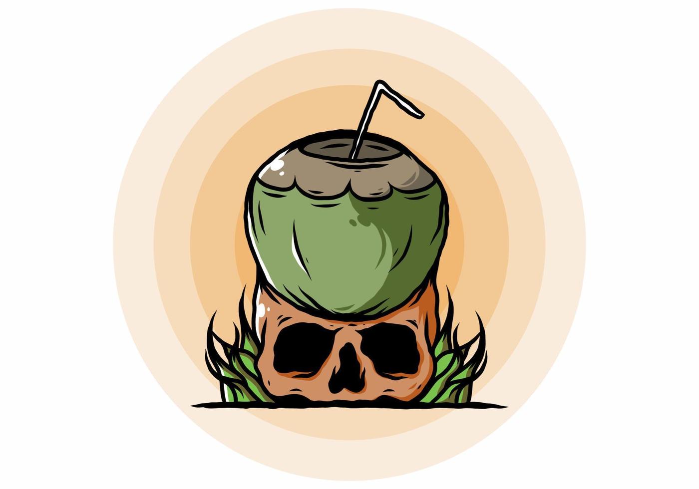 Coconut drink on human skull illustration vector