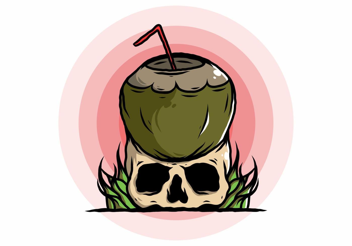 Coconut drink on human skull illustration vector