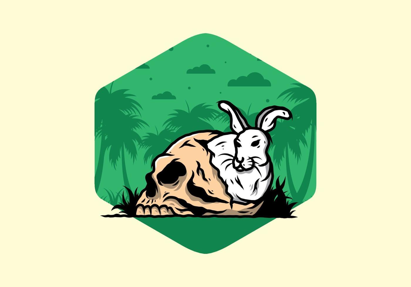 Rabbit hiding inside human skull illustration vector