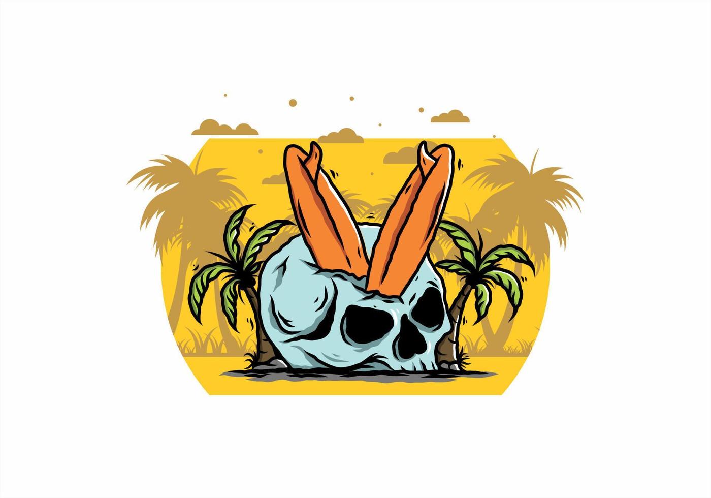 Surfing board stuck in human skull illustration vector