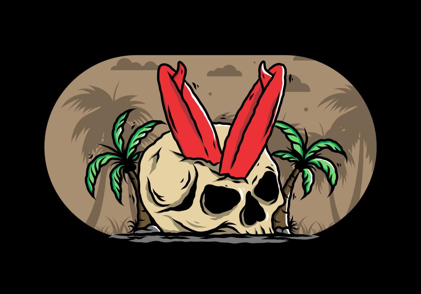 Surfing board stuck in human skull illustration vector