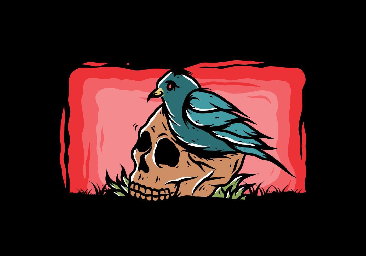 Bird nesting in skull illustration vector