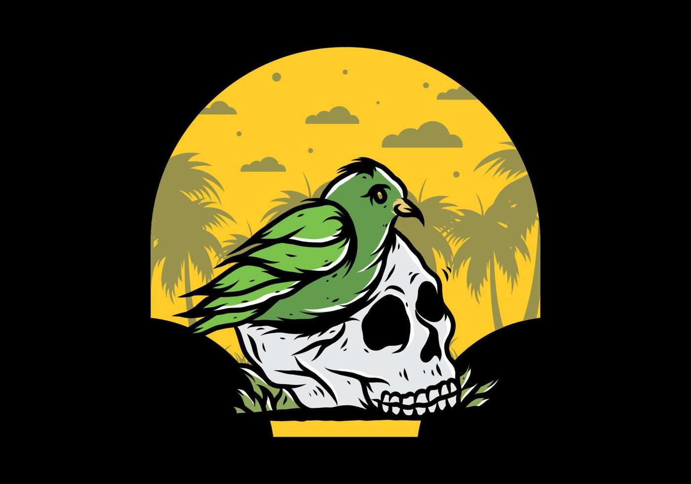 Bird nesting in skull illustration vector