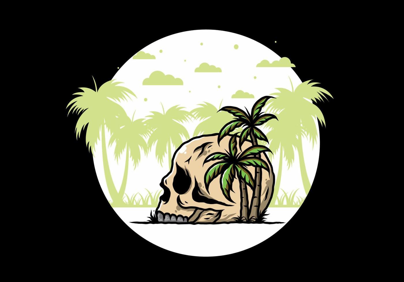 Skull head under coconut trees illustration vector