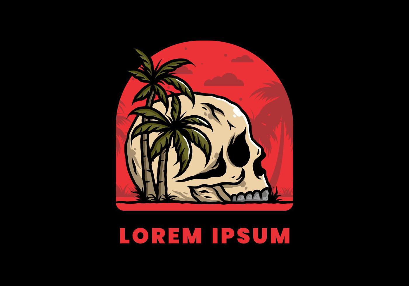 Skull head under coconut trees illustration vector