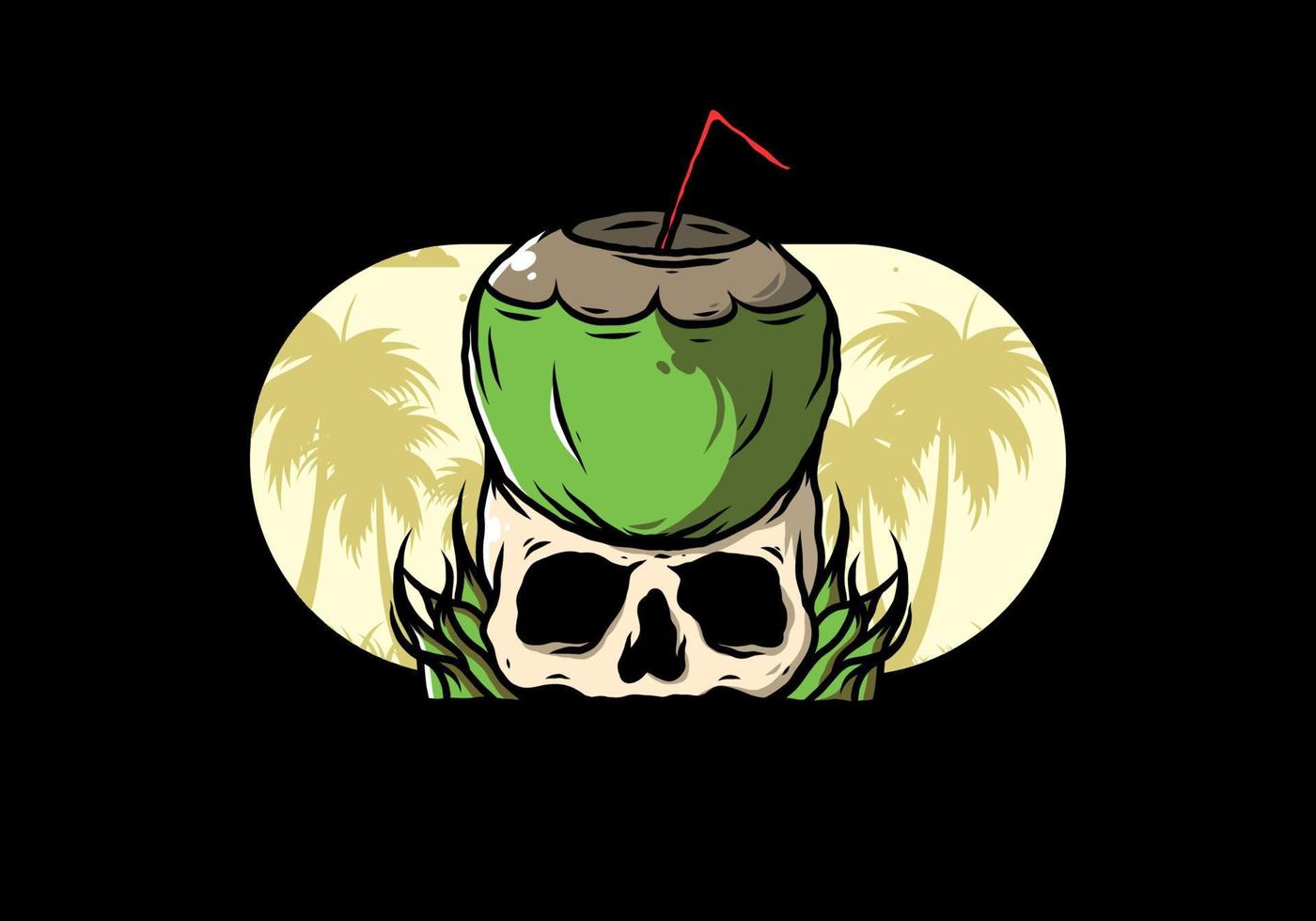 Coconut drink on human skull illustration vector