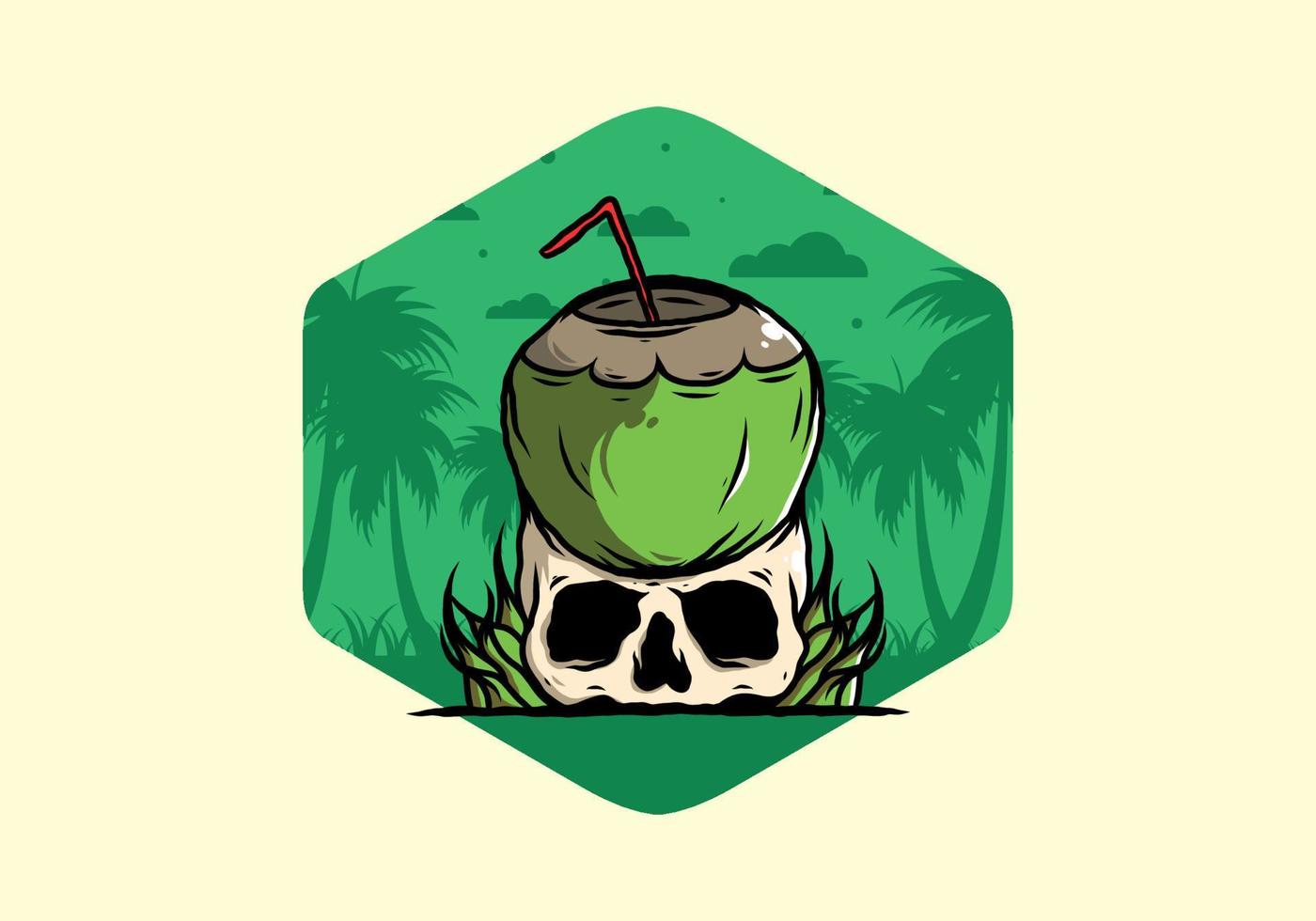 Coconut drink on human skull illustration vector