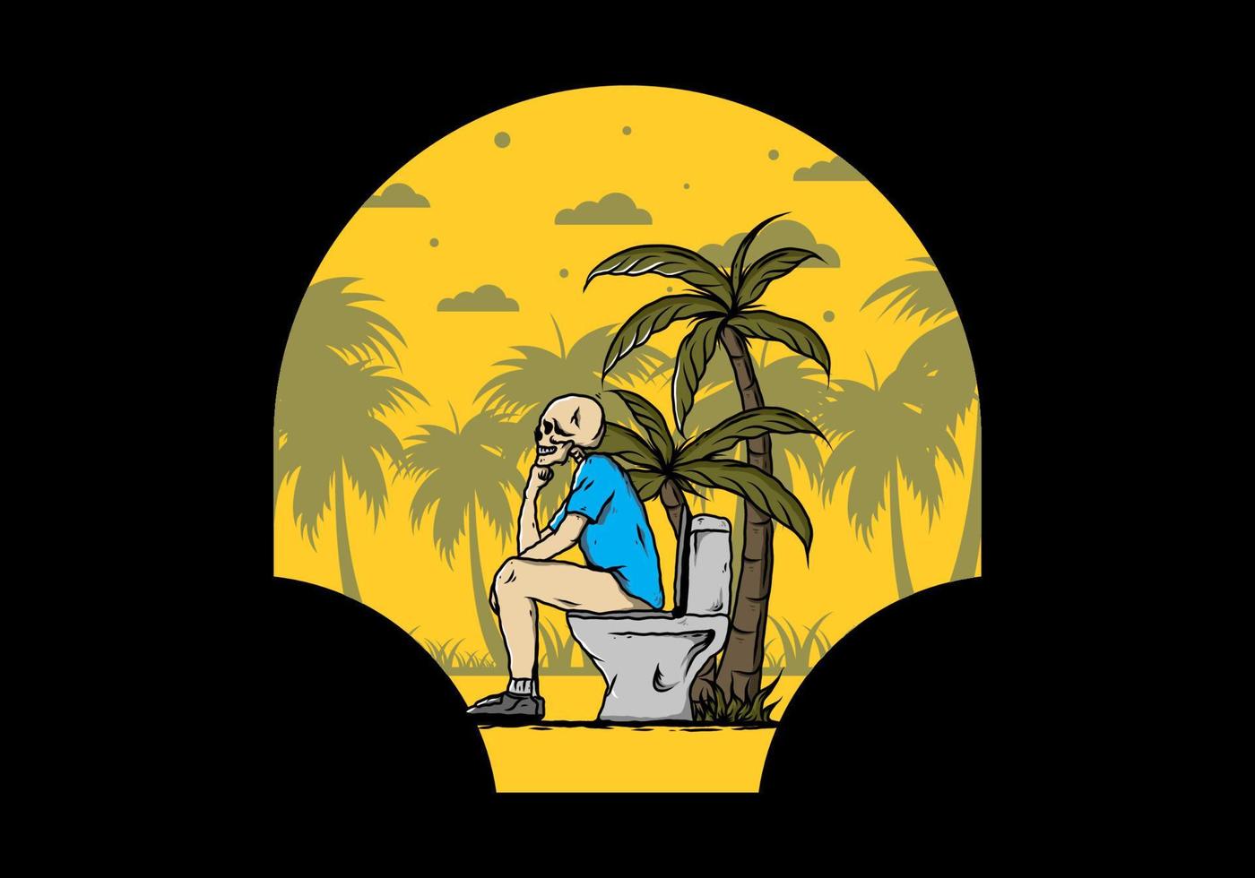 Skeleton man sit on outdoor toilet illustration vector